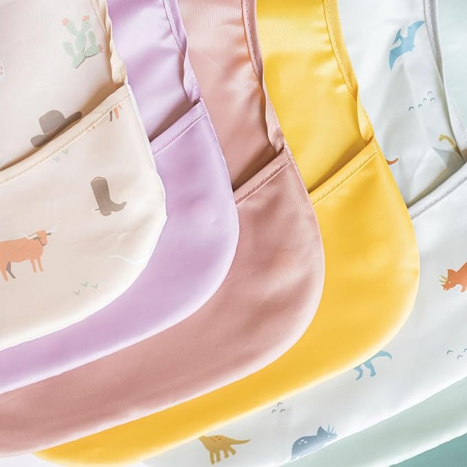 Tiny Twinkle Mess Proof Baby Bibs for Eating - Waterproof, Wipeable Bibs - Toddler Bibs - Travel Friendly - PFAS, PVC, BPA, Phthalate Free - Baby Food Bibs (3 Pack,Sage,Taupe, Dandelion)