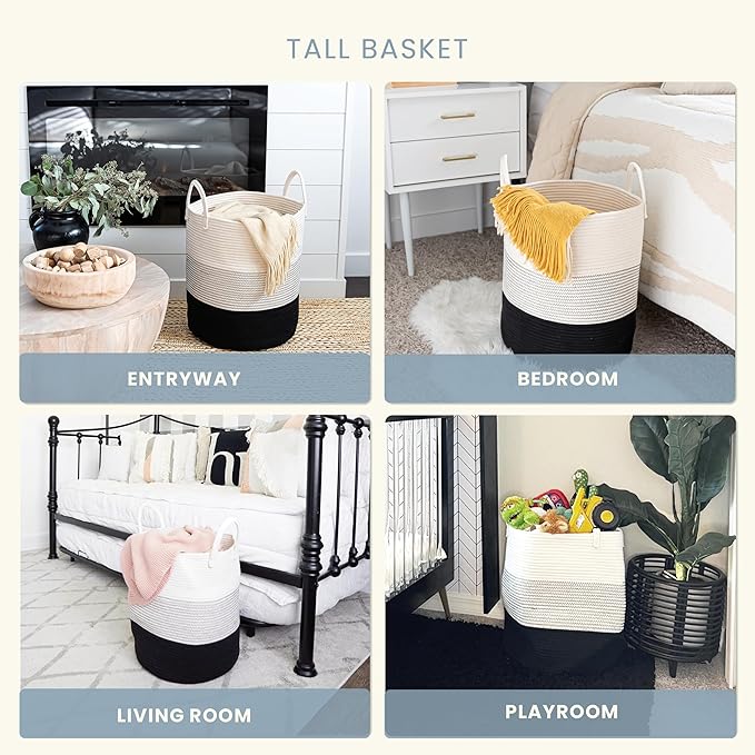 OrganiHaus Black & White Blanket Storage Basket for Living Room 15x18, Woven Nursery Hamper Basket, Large Toy Basket Storage for Kids, Laundry Hamper, Baby Laundry Basket, Cute Cotton Rope Basket