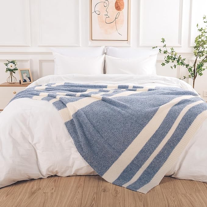 NEXHOME PRO Stripe Cozy Blanket, Knit Fuzzy Throw Blanket for Couch Bed Sofa Picnic, Ultra Soft Blankets for Women Gifts Blue 50 x 60 inches