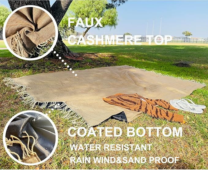 Picnic Blanket Extra Large Waterproof with Strap 59"x79" - Machine Washable Tassels Faux Wool Cashmere for Park, Grass, Camping, Hiking, Concerts (Deep Tan with white shoulder strap, 59"X79")