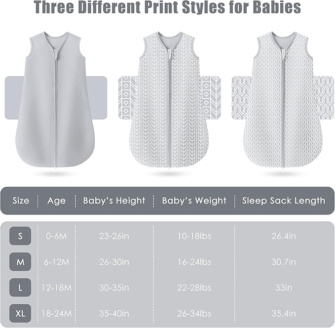 SWEET DOLPHIN Baby Sleep Sack 18-24 Months - 100% Cotton 2-Way Zipper TOG 0.5 Infant Wearable Blanket, Newborn Essentials Toddler 3 Pack Sleeping Sacks - Grey