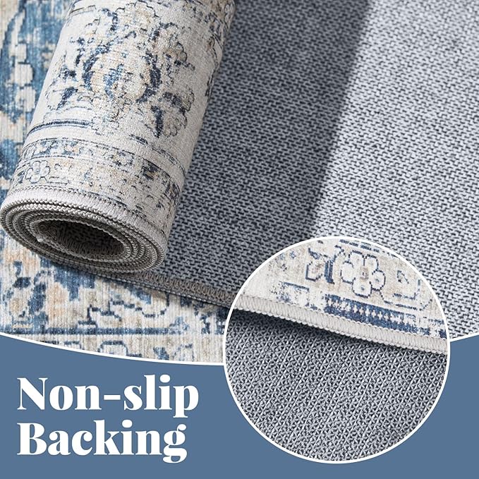jinchan Floral 2x3 Rugs for Entryway - Vintage Washable Small Non-Slip Distressed Indoor Doormat Ultra-Thin Low-Pile Accent Rug for Entrance Kitchen Bedroom Bathroom (2x3ft,Dark Blue)