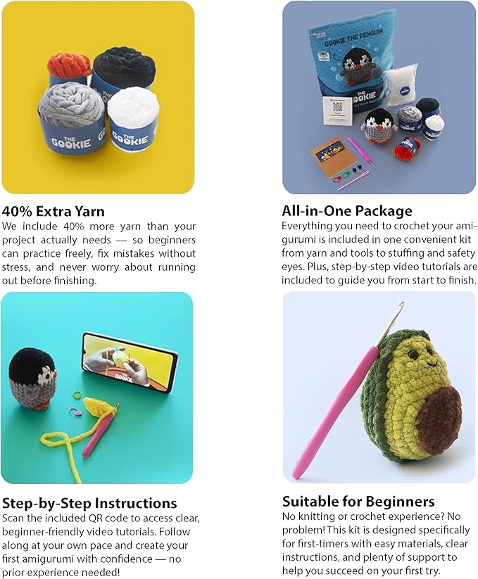 The Gookie Amigurumi Crochet Kit for Beginners – DIY Crochet Kit with Yarn, Hook, Eyes & Stuffing – Easy Starter Set with Video Tutorials – Cute Plush Toy Craft Gift for Kids, Teens & Adults (Avocado)