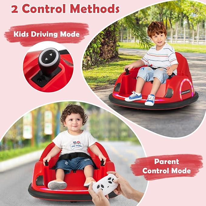 GLACER 12V Bumper Car, Electric Kids Bumper Car w/Parental Remote, 3-Speed, 360°Spin, Music, LED Light, Battery Ride on Bumper Car w/Dual Joysticks, Baby Bumper Car for Toddlers 18 Months+ (Red)