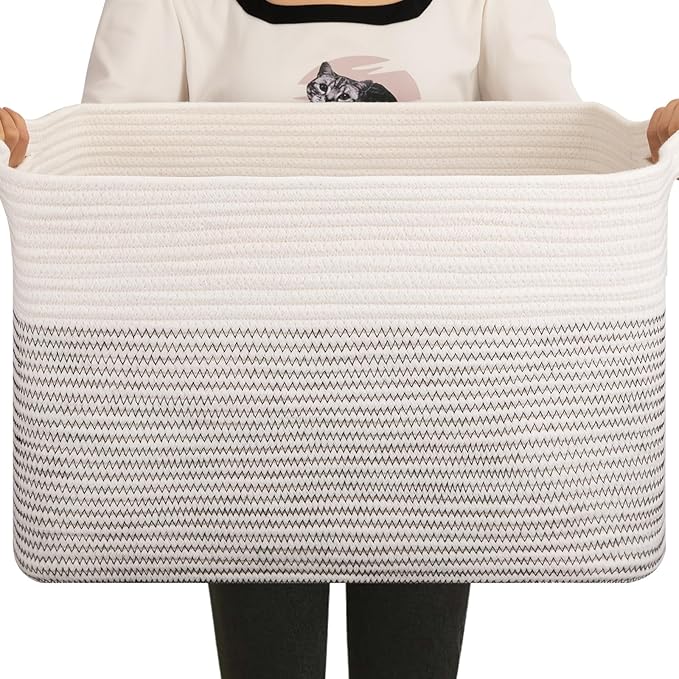 OIAHOMY 65L Blanket Basket, Cotton Rope Woven Blanket storage for Living Room, Rectangle Woven Baskets for Storage, 20''×16''×12'', Black and White