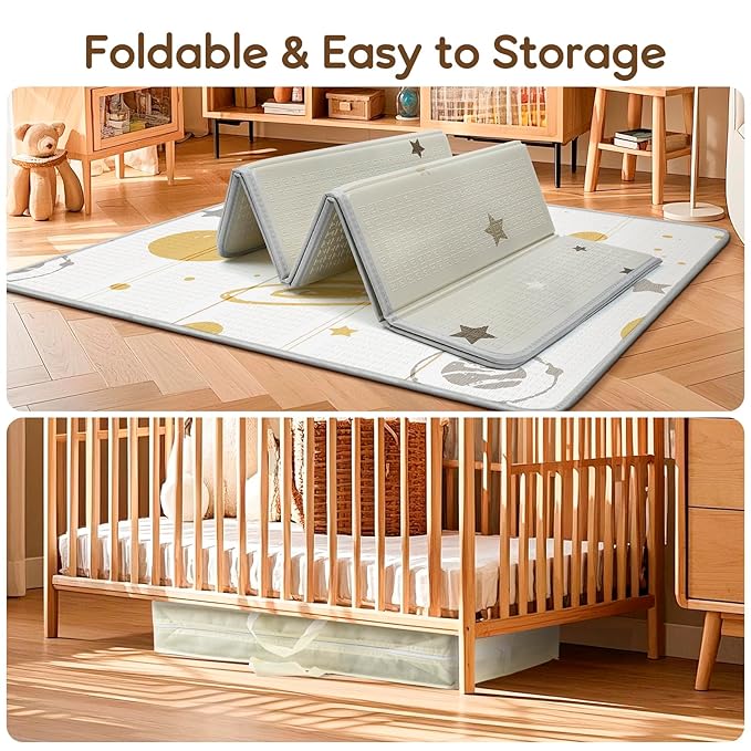 Foldable Baby Play Mat, PIGLOG Waterproof Playmats for Babies and Toddlers Kids, Safe Foam Playmat for Tummy Time, 50x50 Playpen Mat, Reversible Baby Floor Mat for Infant, Toddler, Vast Planet