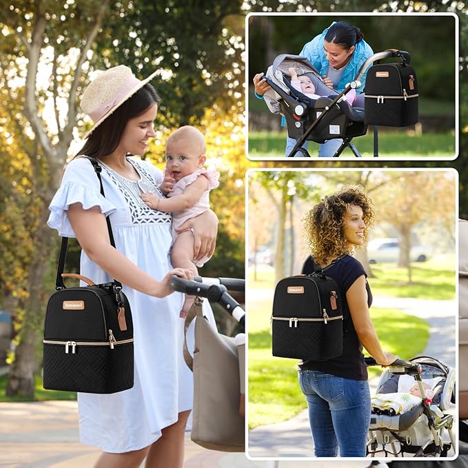 Breastmilk Cooler Bag with Ice Pack & Mat Fit 6 Bottles Up to 9 Ounce, Baby Bottle Cooler Bag for Moms, Daycare & Travel, Black