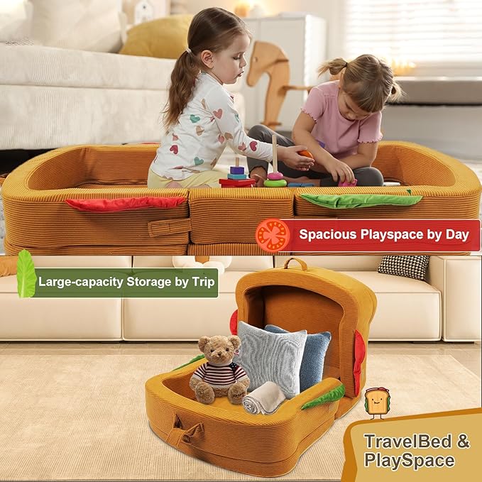 Toddler Travel Bed Sandwich Style - Portable Toddlers Floor Beds, Foldable Soft Foam Travel Crib for Baby and Kid, Washable Cover Toddler Cot with Safety Rail for Travel, Home Sleep & Play