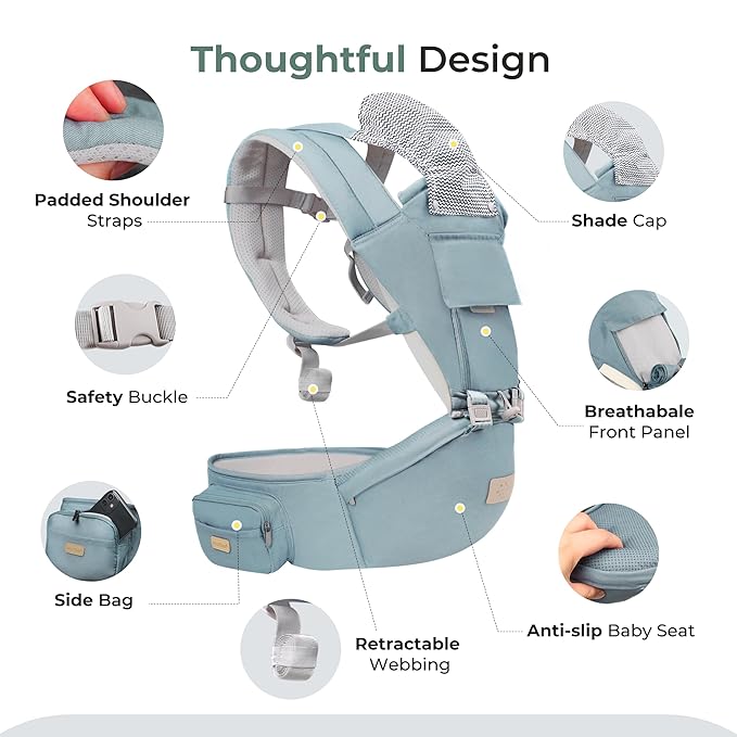 FRUITEAM 6-in-1 Baby Carrier with Waist Stool/Hip Seat for Breastfeeding, One Size Fits All - Adapt to Newborn, Infant & Toddler (Blue)