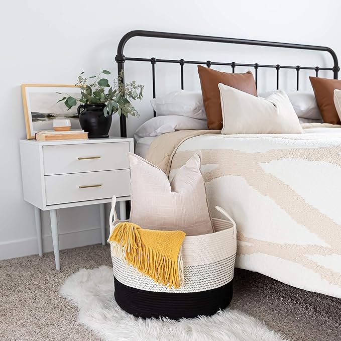 OrganiHaus Woven Laundry Basket, Large Cotton Rope Blanket Holder with Handles, Soft & Sturdy Nursery Hamper, Decorative Toy Bin for Living Room Organization 20x13 inches - Off-White/Black