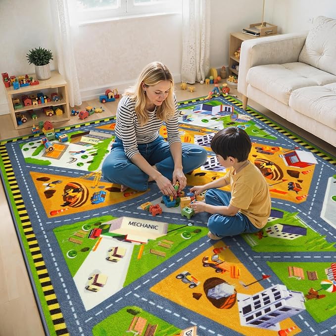 STARUIA Kids Cars Rug for Playroom, 5.3x6.6 Car Rugs for Kids Toy Cars, Non-Slip City Road Map Rug for Boy Bedroom, Educational Toddler Carpet Play Mat for Kid Room Classroom Nursery(63"x78")