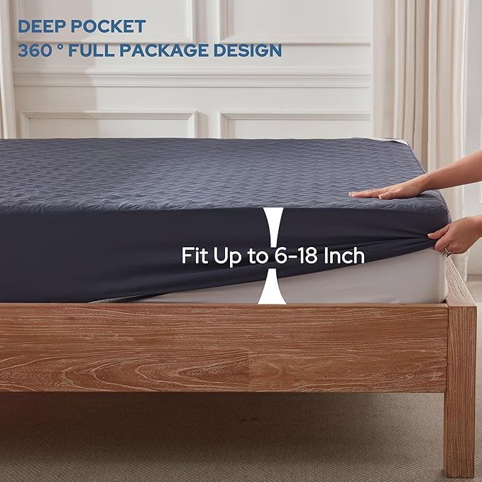 2 Pack Waterproof Mattress Protector, King Size Mattress Pad with Deep Pocket 6"-18" Depth, Soft Breathable Dirt-Proof Single Bed Mattress Cover for Bedroom, Dorm Room (Navy Blue)