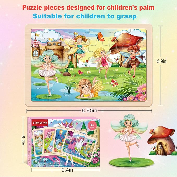 Wooden Puzzles for Kids Ages 4-6, 4 Packs 24 PCs Unicorn Mermaid Princess Fairy Jigsaw Puzzles, Preschool Educational Brain Teaser Toys for Girls 3 4 5 6 Years Old.