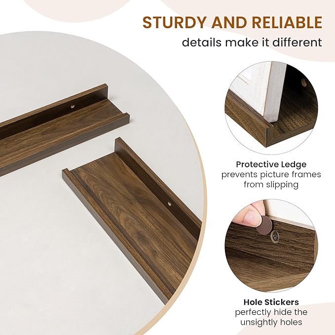 Axeman Picture Ledge Shelf, Floating Shelves for Wall Decor Storage Set of 6, 55 inch Floating Wall Mounted Shelves, Wall Shelves with Lip for Living Room, Bedroom, Nursery, Bathroom, Kitchen, Walnut