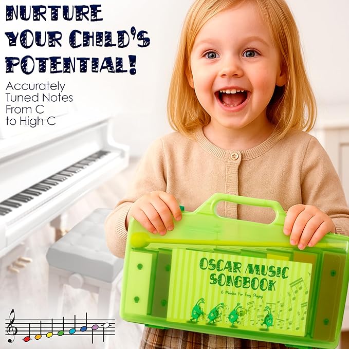 MINIARTIS Glockenspiel Xylophone | Educational Music Toys for Toddlers | 8 Notes Colorful Resonator Bells for Kids with 15 Songbook & Green Case | Great Birthday Gift for Children