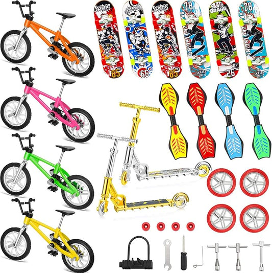 Skylety 31 Pieces Mini Finger Toys Set for Boy Girl Includes 6 Finger Skateboards, 4 Bikes, 2 Mini Scooters 4 Swing Board 8 Matched Wheels 7 Tool Accessories Educational Toy Party Favor(Cool)