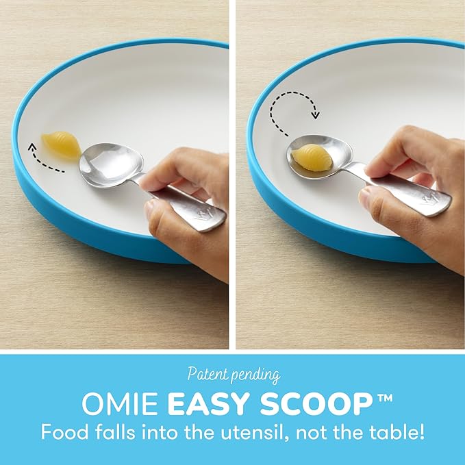Omie® Easy Scoop Plates for Kids | Unique Design Helps Food Fall into the Spoon, Not on the Table | Made from Plants | 3 Plates + 2 Silicone Dividers | Blue