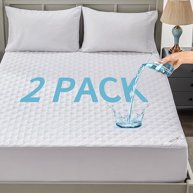 BEDLORE 2 Pack Waterproof Mattress Protector, Full Size Mattress Pad with Deep Pocket Fitted Up to 6-15 inches, Soft Noiseless Single Bed Mattress Cover for Bedroom, Dorm Room (White)