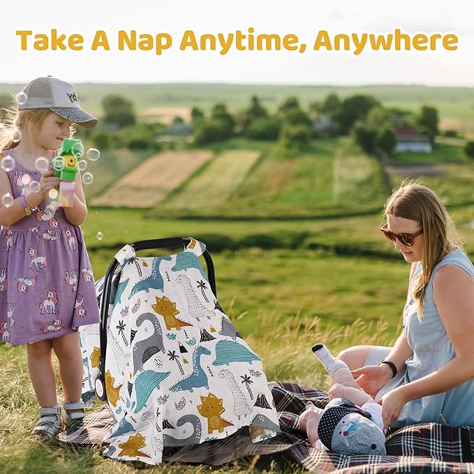 Rquite Dinosaurs Carseat Cover - Muslin Cotton Infant Car Seat Canopy, Breathable Baby Carrier Cover, Summer Stroller Sun Shade