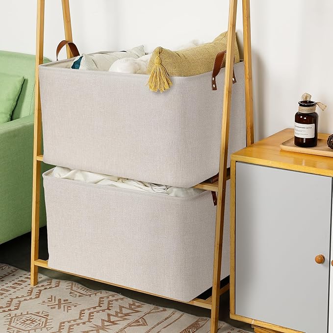 DULLEMELO Beige Storage Baskets for Organizing, Set of 2 Extra Large Canvas Fabric Storage Baskets with Handles, Foldable Storage Bins Baskets for Blankets Living Room