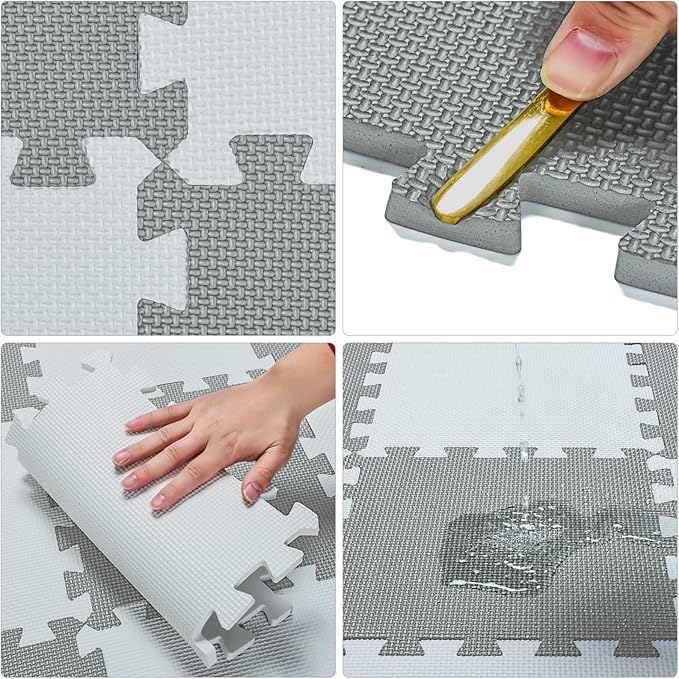 qqpp EVA Rubber 18 Tiles Interlocking Puzzle Foam Floor Mats - Baby Play Mat for Playing | Exercise Mat for Home Workout. White, Black. QC-ADb18N