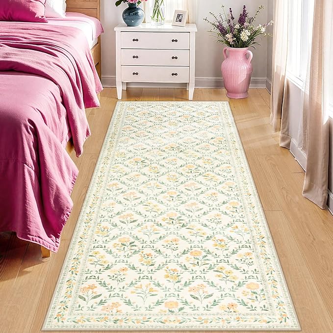 Runner Rug for Entryway: 2x10 Kitchen Rugs Non Slip Washable Ultra-Thin Soft Floral Carpet Indoor Floor Stain Resistant Carpets for Hallway Bedroom Kitchen Laundry Bathroom Dorm Beige/Multi