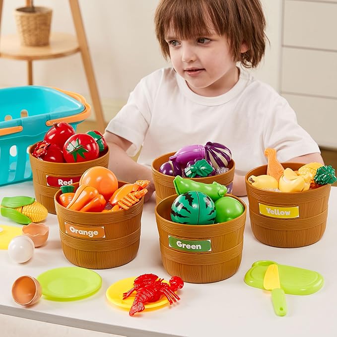 JOYIN Learning Toys Play Food Set for Toddlers, Cutting Food for Preschool Activities, Pretend Play Kitchen Accessories for Kids, Color Sorting Set for Boys & Girls, Daycare Educational Toy
