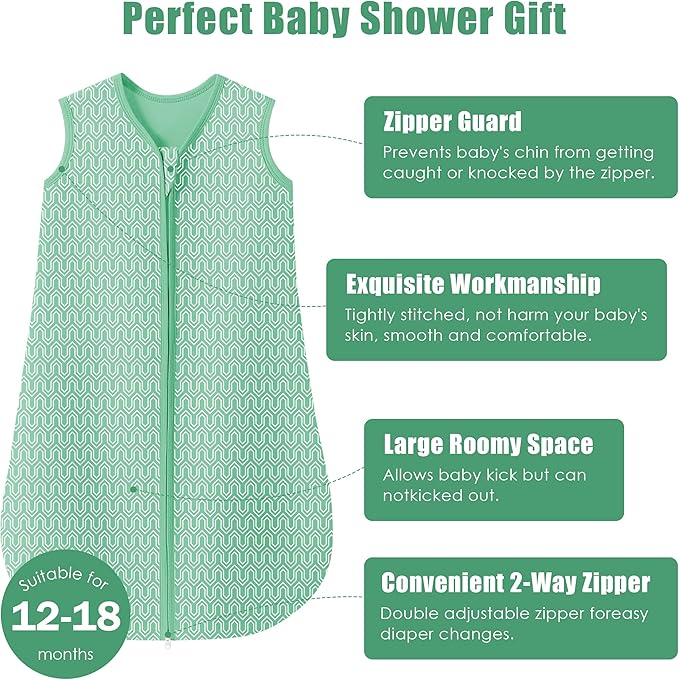 SWEET DOLPHIN Baby Sleep Sack 12-18 Months - 100% Cotton 2-Way Zipper TOG 0.5 Infant Wearable Blanket, Newborn Essentials Toddler 3 Pack Sleeping Sacks - Green