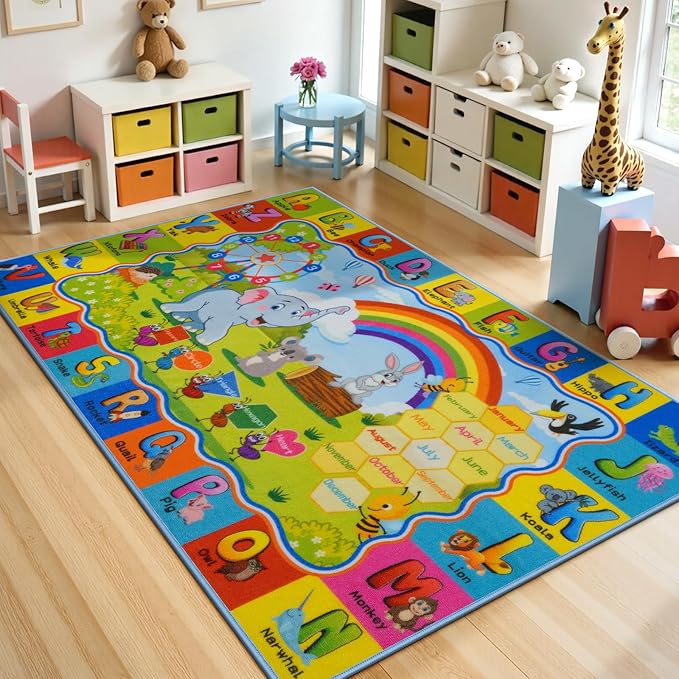STARUIA ABC Rug for Kids Playroom, Classroom Floor Play Mat for Kids, Preschool Educational Rug for Learning Alphabet Animals Numbers Months, ABC Carpet Play Rug for Nursery Kid Room Decor (39"X59")