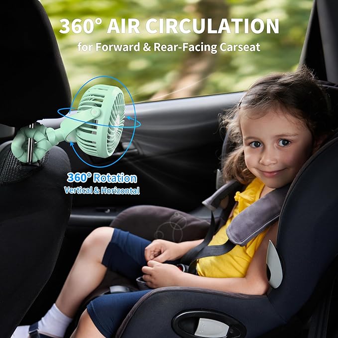 AMACOOL Battery Operated Stroller Fan Flexible Tripod Clip On Fan with 3 Speeds and Rotatable Handheld Personal Fans for Car Seat Crib Bike Treadmill (Green)