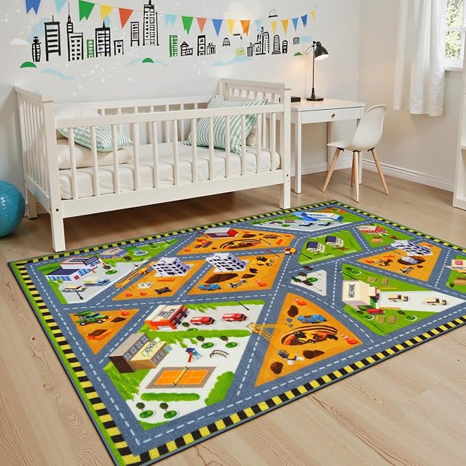 STARUIA Kids Cars Rug for Playroom, 3x5 Car Rugs for Kids Toy Cars, Non-Slip City Road Map Play Rug for Boys Bedroom, Educational Toddler Carpet Play Mat for Classroom Nursery Daycare (39"X59")