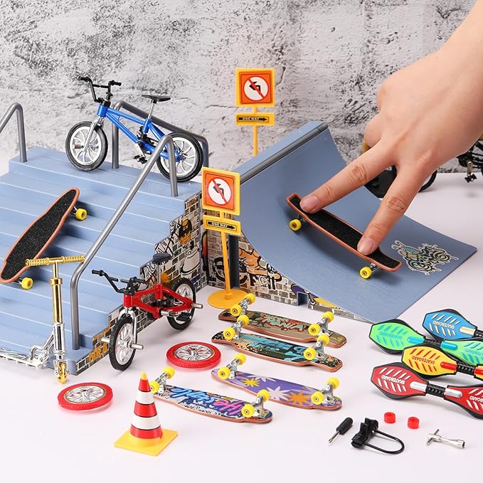 Skylety 31 Pieces Mini Finger Toys Set for Boy Girl Includes 6 Finger Skateboards, 4 Bikes, 2 Mini Scooters 4 Swing Board 8 Matched Wheels 7 Tool Accessories Educational Toy Party Favor(Novel)