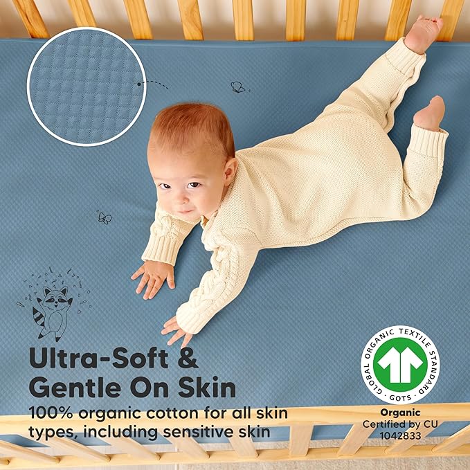 Waterproof Crib Mattress Protector Cover Fitted - 2-Pack Quiet Baby Crib Mattress Pad Sheets, 52" x 28" Soft Quilted Cotton Baby Sheet, Machine Washable, Easy Fit, Durable (Lagoon/Quin)