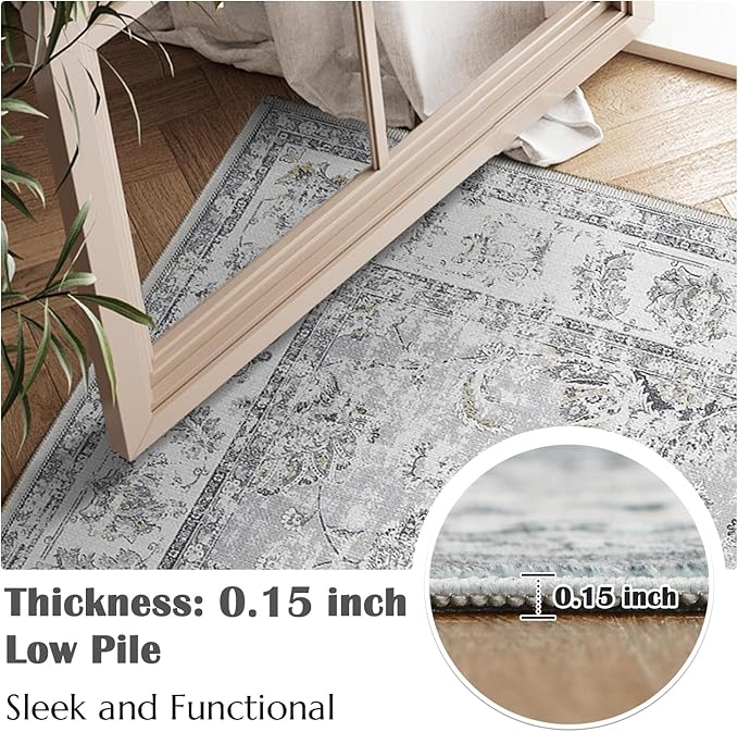 jinchan Floral 2x3 Rugs for Entryway - Vintage Washable Small Non-Slip Distressed Indoor Doormat Ultra-Thin Low-Pile Accent Rug for Entrance Kitchen Bedroom Bathroom (2x3ft,Grey)