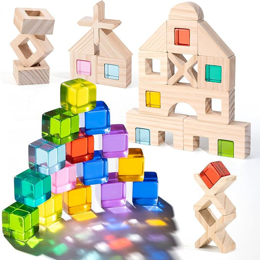 Wooden Rainbow Building Blocks Set for Kids, 22 PCS Wooden Blocks & 25 PCS Gem Cubes Stacking Blocks, Montessori Stacking Toys for Toddlers, Educational STEM Easter Toys for Boys Girls 3-6
