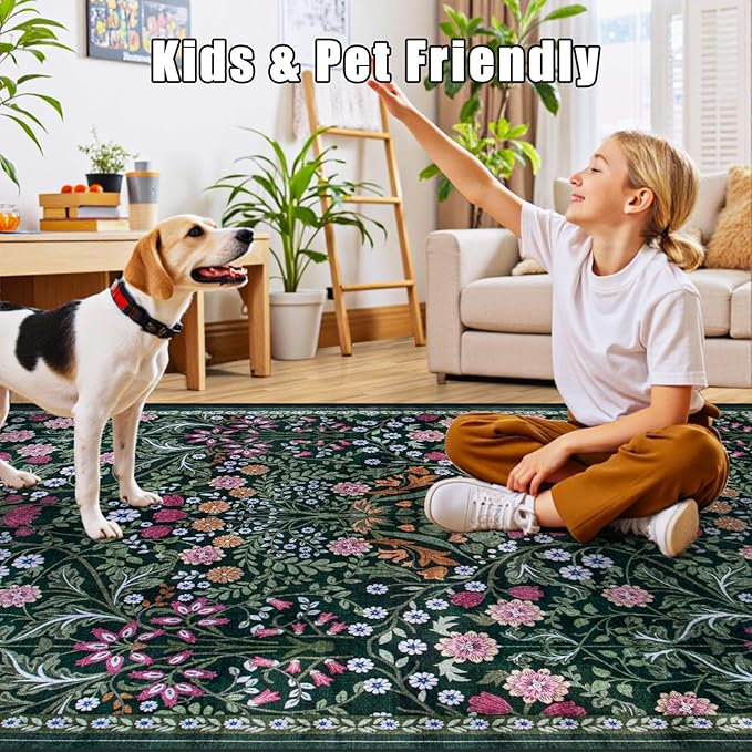 Runner Rug for Entryway: 2x6 Kitchen Rugs Non Slip Washable Ultra-Thin Soft Floral Carpet Indoor Floor Stain Resistant Carpets for Hallway Bedroom Kitchen Laundry Bathroom Dorm Dark Green