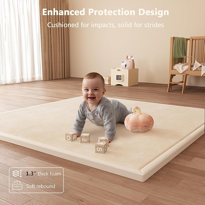 Baby Play Mat for Floor, 1.3'' Thick Memory Foam Tummy Time Mat - Super Soft Coral Velvet Nursery Rug with Non-Slip Backing, Crawling Mat for Toddlers/Infants, Yoga & Tatami Use, 50''x 50''