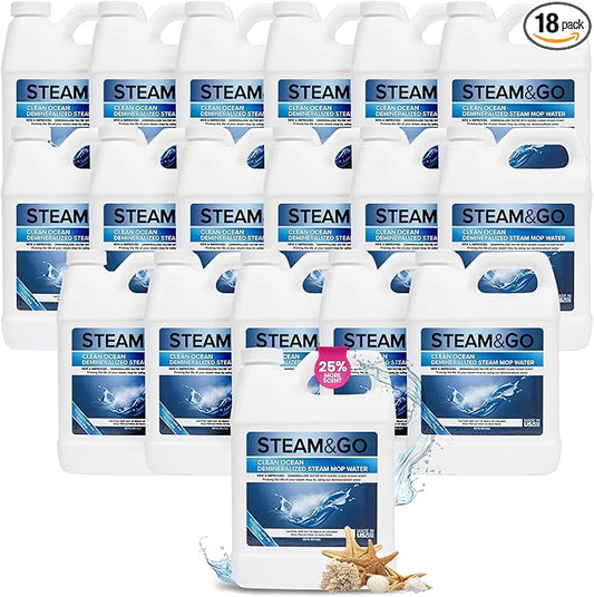 Steam & Go Demineralized Water - Multisurface Cleaner, PVC-Free Ready-to-Use for Mops & Floor Steamers - Ideal for Kitchen, Bathroom, & Home Surfaces - Clean Ocean Scent - 32oz (Pack of 18)