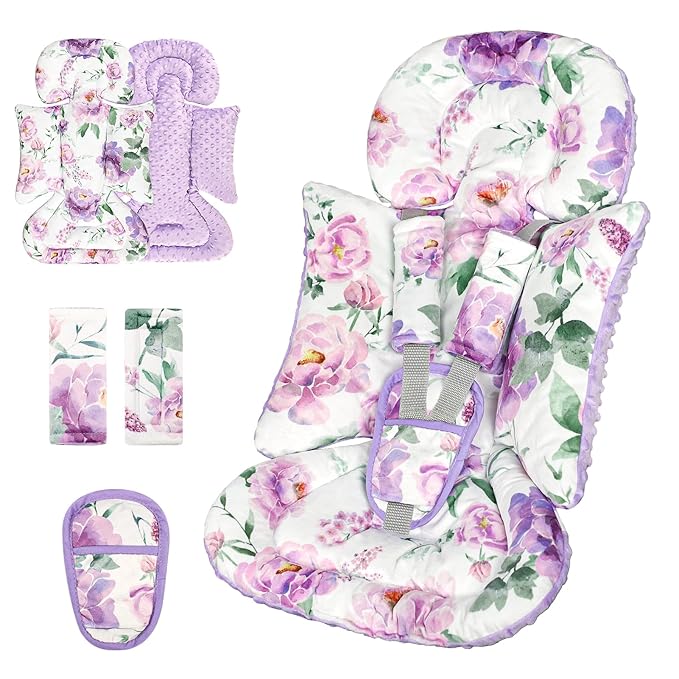 Infant Car Seat Insert, Soft Baby Car Seat Head & Body Support for Girl Boy, Reversible Newborn Preemie Carseat Insert Cushion with 3 Straps Pads Fits CarSeat, Stroller, Swing, Bouncer, Purple Floral