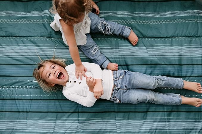 Little Unicorn 5'x10' XL Outdoor Family Picnic & Beach Blanket | Durable & Water-Resistant Fabric | Compact Fold & Easily Wipes Clean | Zipper Pocket (Shoreline Stripe)