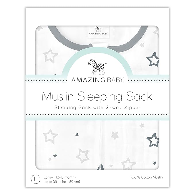 Amazing Baby Cotton Muslin Sleeping Sack, For Baby Boy or Girl, Wearable Blanket with 2-way Zipper, Stars, Sterling, Small (0-6 Month)