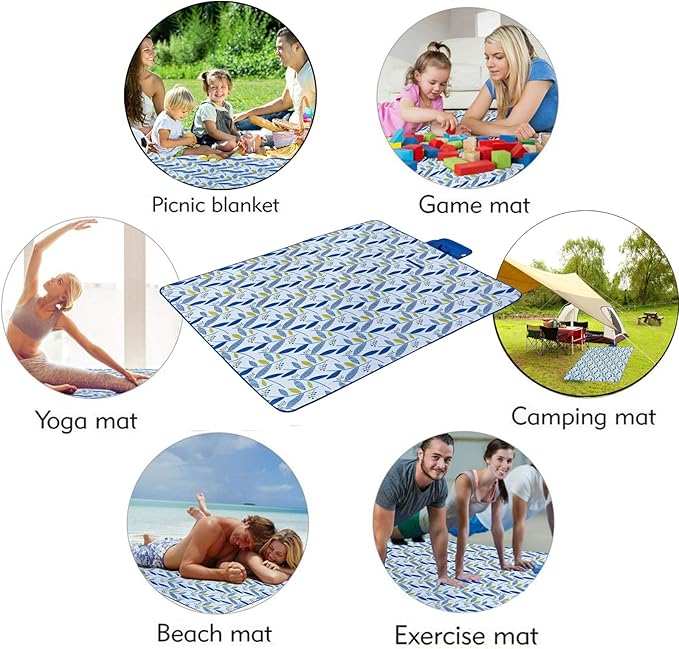 Beach Blanket Picnic Blanket Outdoor Mat Extra Large Waterproof Sand Proof Camping Blanket Lightweight Folding Portable Travel Blanket for Family Park Beach Grass, 79"x57"