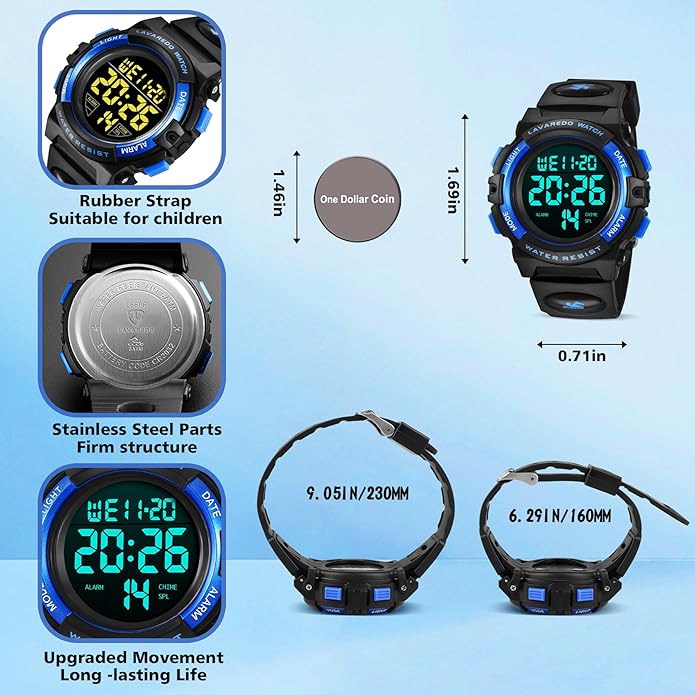 Kids Watch,Boys Watch for 3-15 Year Old Boys,Digital Sport Outdoor Multifunctional Chronograph LED 50 M Waterproof Alarm Calendar Analog Watch for Children with Silicone Band,Kids Gift