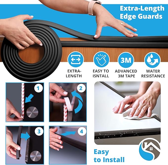 Baby Proof Corners and Edges with Furniture Corner & Edge Safety Bumpers, Impact-Absorbent 18ft Bumper & 8 Foam Corner Protectors, Cushy, Thick, Odorless Table Edge Protectors for Baby, Child | Black