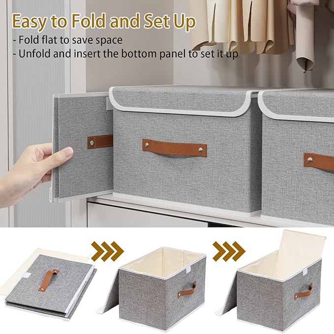 Yawinhe Collapsible Storage Boxes, Foldable Bin with Lids, Cube Clothes Organizer Basket with Handles, Grey, 13.0''Lx9.0''Wx7.9''H, 7-Pack, SNK024GS-7