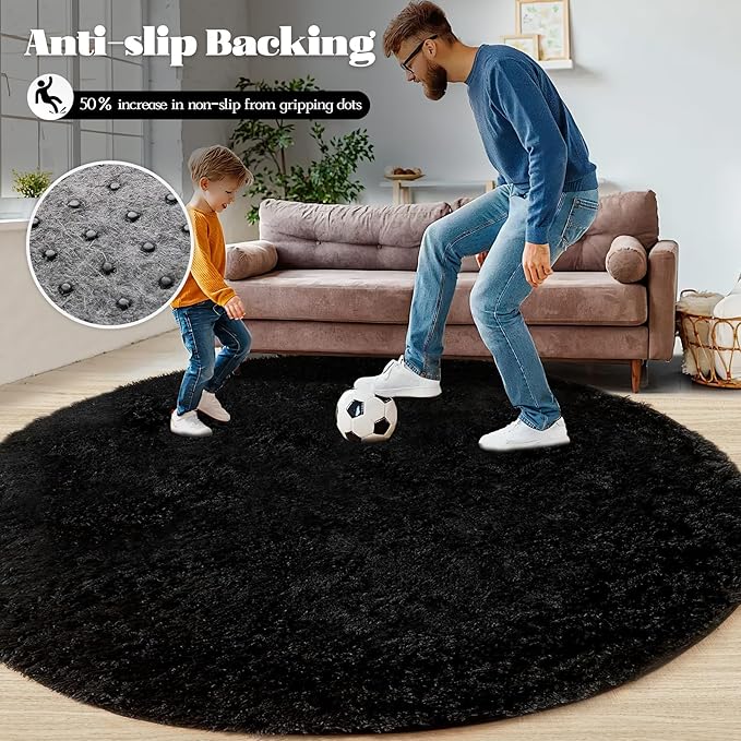 4FT Round Rug for Bedroom: Fluffy Shag Soft Washable Rugs Circle Small Fuzzy Plush Indoor Carpet for Living Room Nursery Playroom Dorm Kids Girls Boys Room (Black, 4'x4')