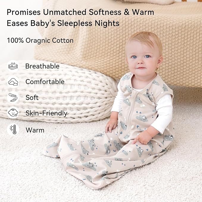 Baby Sleep Sack 12-18 Months 0.5 Tog Wearable Blanket Baby, 3 Pack 100% Cotton Lightweight Sleeping Sack with 2-Way Zipper for Infant Toddler Apricot White Sun Clouds