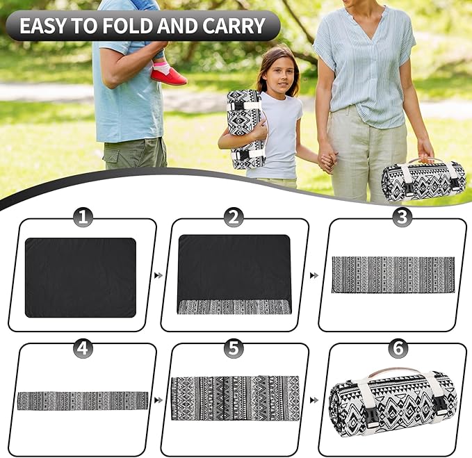 Picnic Blankets Outdoor Extra Large-Waterproof Picnic Blanket with Shoulder Carry Strap | Machine Washable Picnic Mat with Sandproof Backing for Park , Grass, Camping, Hiking, Concerts (Black)