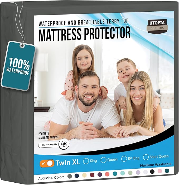 Utopia Bedding Waterproof Mattress Protector Twin XL Size, Premium Terry Mattress Cover 200 GSM, Breathable, Fitted Style with Stretchable Pockets (Gray)