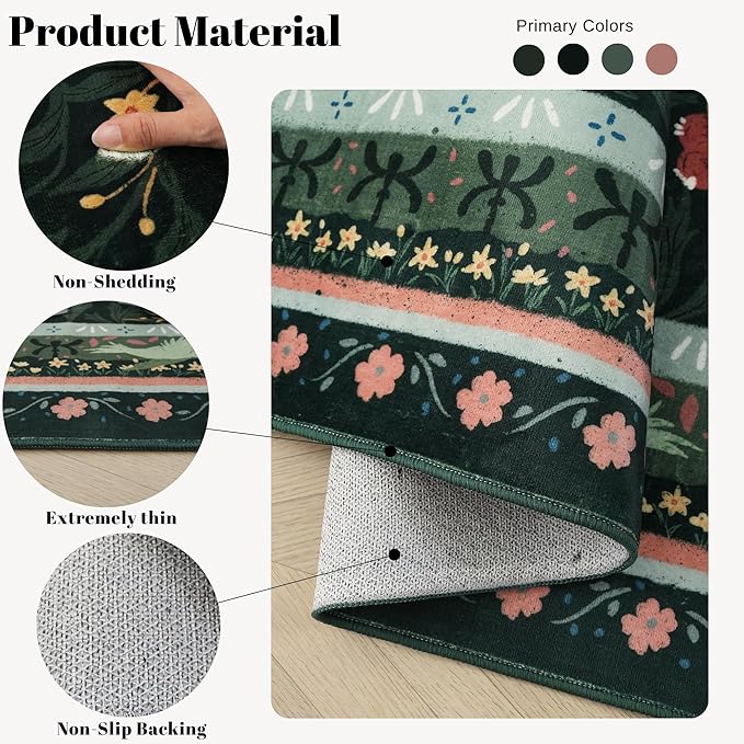 Runner Rug for Kitchen Rug Non Slip 2'6"x8' Washable Rugs with Rubber Backing Soft Vintage Floral Botanical Carpet Runner for Kitchen, Laundry, Bedroom, Bathroom, Green